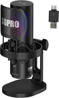 SGPRO Wireless USB Microphone for Streaming, Podcast, SG-CM25 Gaming Condenser Mic with RGB, Noise Cancellation, Tap to Mute, 24-bit/48kHz Recording, Includes Shock Mount & Pop Filter (PC/Mac/Mobile)