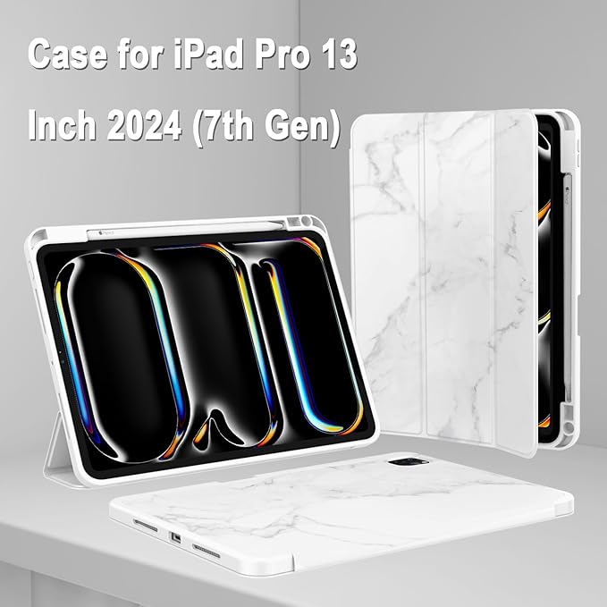 ZryXal New iPad Pro 13 Inch Case (M5) 2025 / (M4) 2024 with Pencil Holder, Smart iPad Case [Support Pencil Pro and Pencil (USB-C)], Support Touch ID and Auto Wake/Sleep (Marble White)