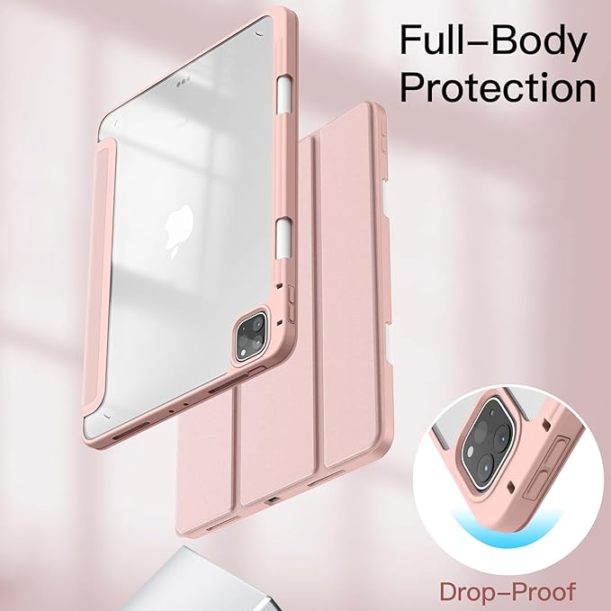 JETech Case ONLY for iPad Pro 11 Inch (2022/2021/2020/2018) with Pencil Holder, Clear Transparent Back Shell Slim Stand Shockproof Tablet Cover, Auto Wake/Sleep (Rose Gold)