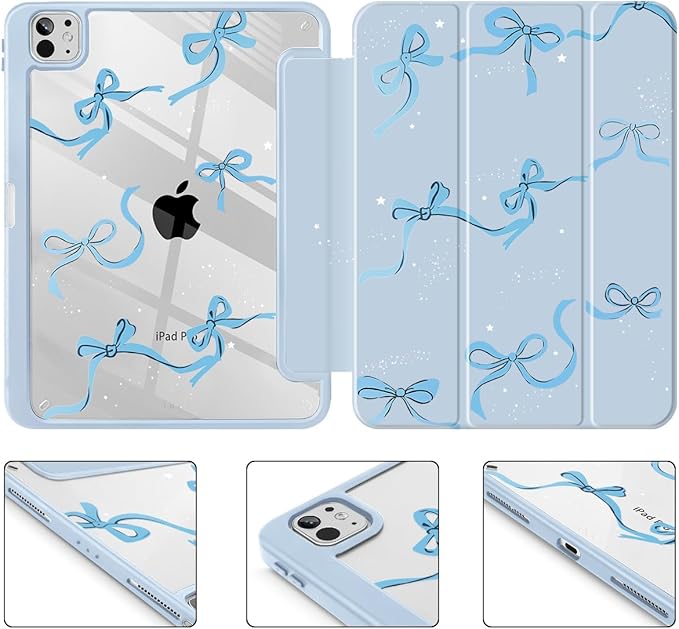 May Chen Case for iPad Pro 11-Inch M5/M4 2025/2024 (6th/5th Generation), Clear Transparent Print Back Shell Slim Stand Shockproof Tablet Cover, Auto Wake/Sleep, Bows Blue