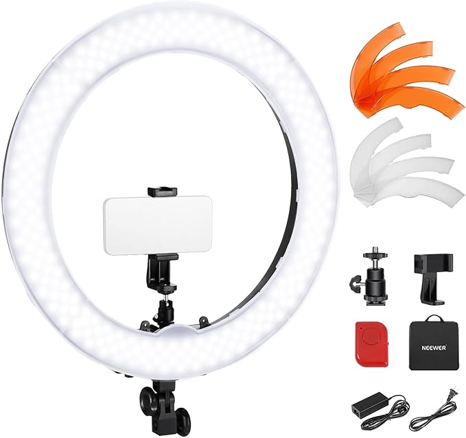 NEEWER 18" Ring Light, 58W 5500lx 5600K Dimmable CRI95 240 LEDs, Lighting with Cold Shoe Bi Color Filters Carry Bag Phone Holder for iPhone Selfie Makeup Studio Photography Video Recording, RL-18
