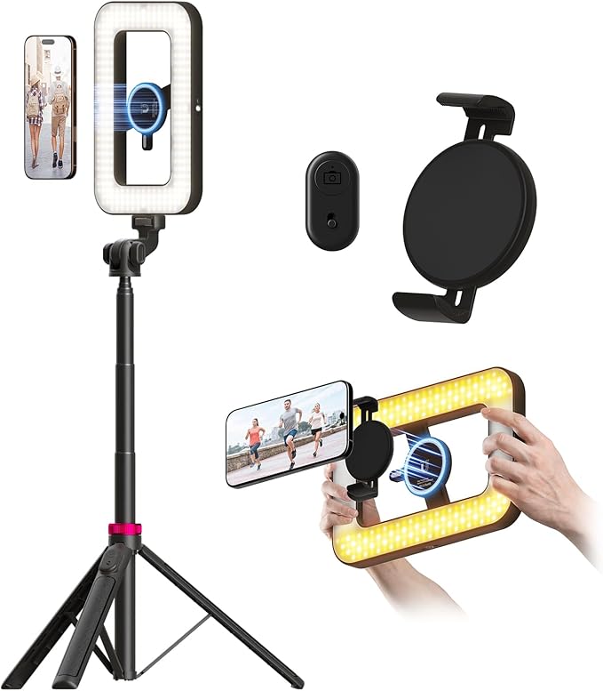 Magnetic Ring Light with Stand and Phone Clip, 62" Tripod for iPhone with Light, 6000mAh Phone Tripod with Light for Video Recording, TikTok, YouTube, Vlogging, Selfies, CRI＞95