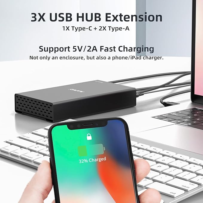 MAIWO External Hard Drive Enclosure for 2.5 3.5 inch SATA SSD HDD, USB C 3.1 GEN2 10Gbps Hard Drive Reader HDD Case with UASP, 24TB Capacity, Aluminum, 3X USB Ports Extension
