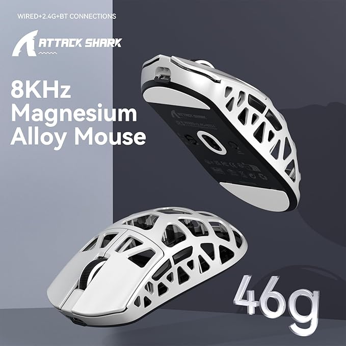 ATTACK SHARK R3 46g Superlight Magnesium Alloy Wireless Gaming Mouse, BT/2.4Ghz/Wired Computer Mouse, 8000Hz Wireless Polling Rate, PAW3395 26K DPI Sensor, Programmable Mice, PC/Laptop/Mac (White)