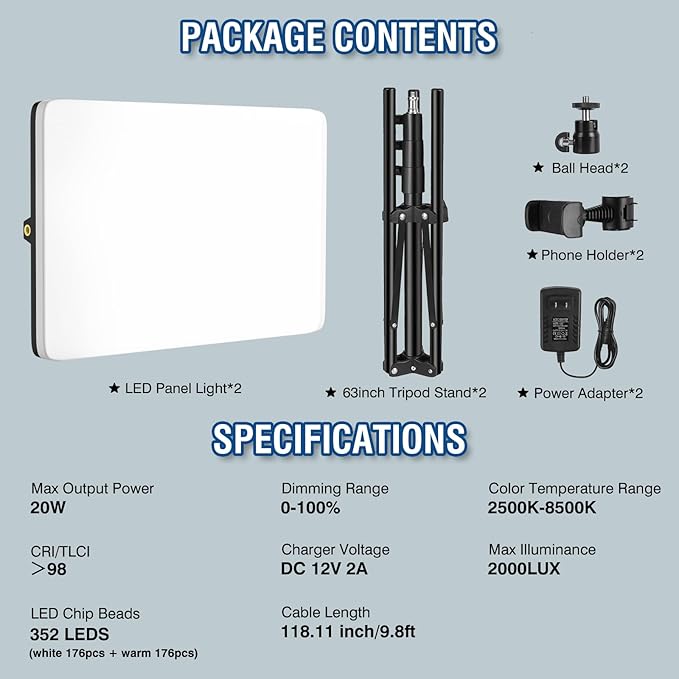 2-Pack LED Video Light Kit with 63'' Tripod Stand, 2500K-8500K Dimmable Studio Light Photography Panel Lighting for Video Recording Game Live Streaming Podcast YouTube Filming, Phone Holder