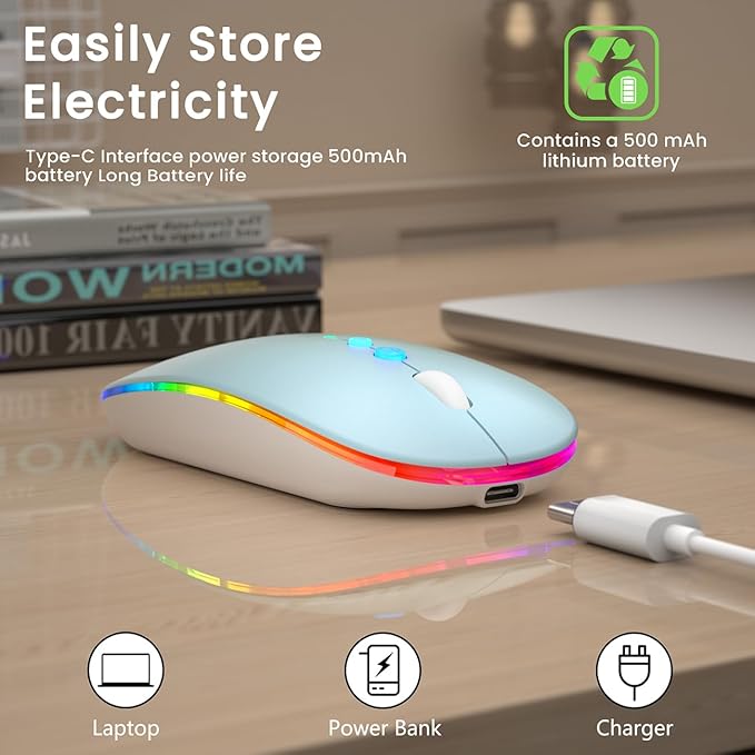 Halpilt LED Wireless Mouse A100S Rechargeable Portable Silent Mouse with Optional USB and Type-C Receiver 3-Speed Adjustable DPI for PC/Mac/Laptop (Frosted Blue)