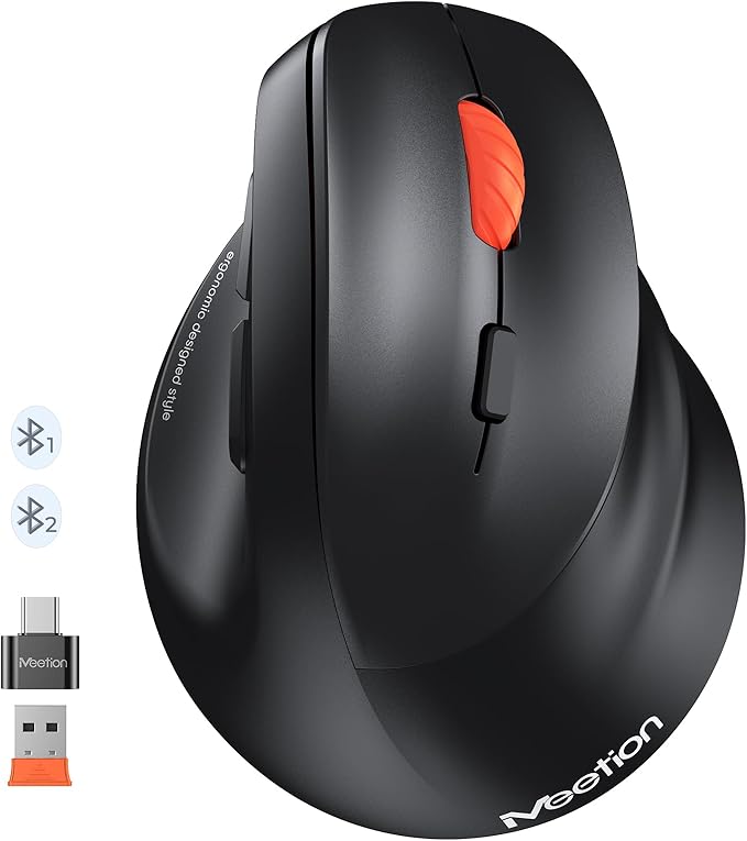 MEETION Ergonomic Mouse, Wireless Bluetooth Vertical Mouse with 3 Multi-Device for Bluetooth(5.3 * 2) & USB-A to USB-C Adapter, 4 DPI 1200-3200 Ergo Mice for Mac/Windows/Laptop/Computer(Large Hands)