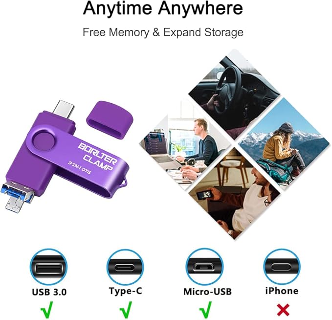 64GB 3 in 1 USB 3.0 Flash Drive Photo Stick for Android Phones, BorlterClamp OTG Memory Stick with 3 USB Ports (USB C, microUSB, USB A) for Samsung Galaxy, LG, Tablets, PC and More, Purple