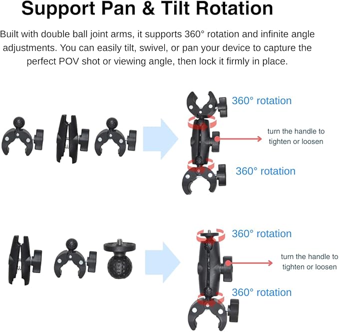 Action Camera Motorcycle Mount kit for DJI Osmo Action, Insta 360 X5/X4, Compatible with GoPro Max 2, Hero 13/12, Hero 11, Hero 10 - Dual Clamp,for 3rd Person View (Sitck is not Included)