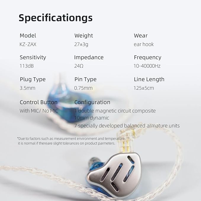 KZ Zax in Ear Headphones 7BA+1DD Hybrid 16 Drivers HiFi Noise Cancelling in Ear Monitor, Zin Alloy Shell Metal Wired Earphone with 3.5mm Jack Detachable 2 Pin 0.75mm Cable (No mic, Silver)
