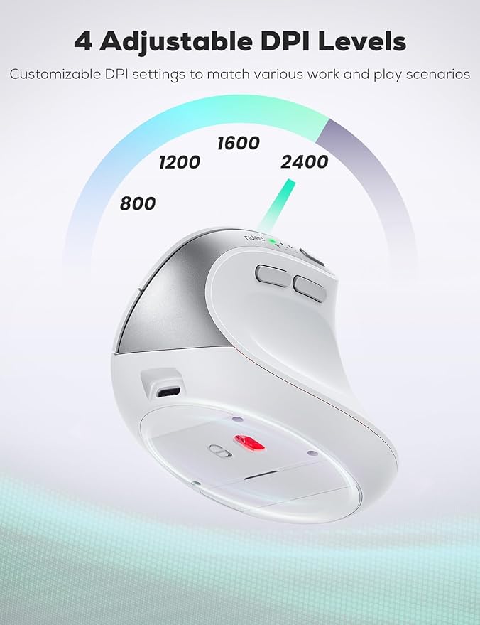 Nulea MD280 Ergonomic Vertical Wireless Mouse - Bluetooth & 2.4G Dual Mode, 4 Adjustable DPI 800/1200/1600/2400, Rechargeable, Silent Clicks, No Lag, 6 Buttons - Perfect for Laptop, Desktop White