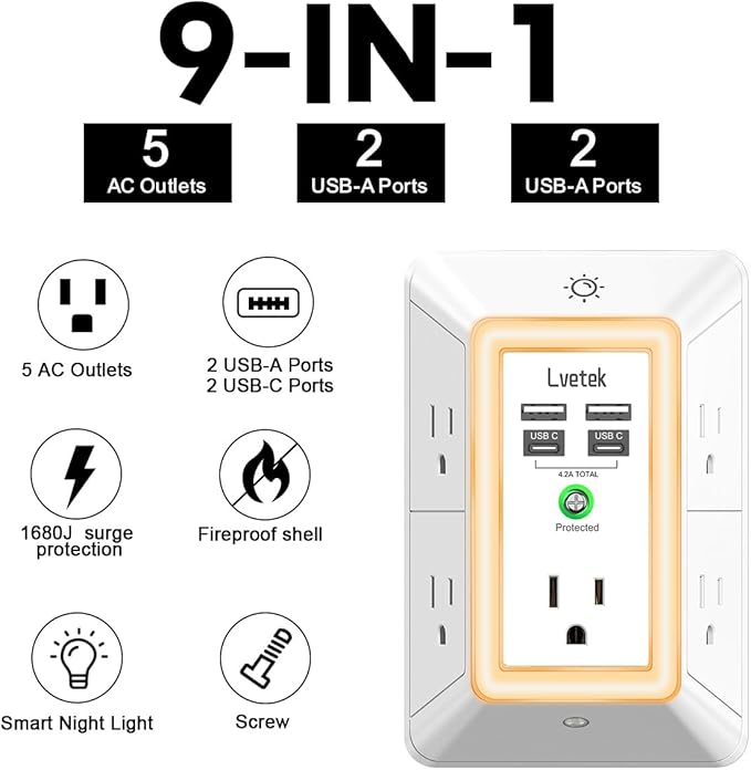 Multi Plug Outlet Surge Protector - Lvetek 3-Sided Power Strip with 5 Outlet Extender and 4 USB Ports(2 USB-C) and Night Light, USB Wall Charger for Home, Office, Travel, ETL Listed, White