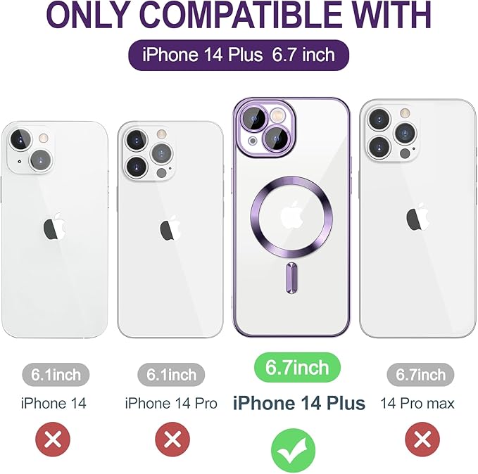Hython Magnetic Clear for iPhone 14 Plus Case with Camera Lens Protector [Compatible with MagSafe] Luxury Plating Edge Slim Soft TPU Cover Protective Phone Case for iPhone 14 Plus 6.7", Deep Purple