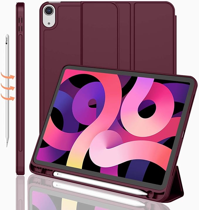 iMieet iPad Air 11 Inch Case M4/M3/M2(2026/2025/2024), iPad Air 5th/4th Generation Case 2022/2020 10.9 Inch with Pencil Holder,Trifold Stand Smart Case with Soft TPU Back(Wine)