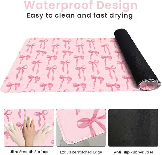 Pink Desk Mat Bows, Large Bow Mouse Pad for Computer Laptop PC Non-Slip Rubber Base Gaming Keyboard Pad, Cute Office Mat Girly Décor Office Supplies Accessories for Teen Girls Women 35.4 x 15.7in