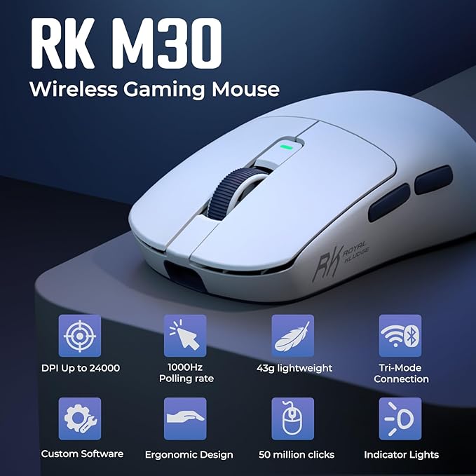 RK ROYAL KLUDGE RK M30 Wireless Gaming Mouse, 24000 DPI, 43g Ultra-Lightweight, PAW3311 Sensor, 2.4G/Bluetooth/USB-C Rechargeable Wireless Mouse with 5 Programmable Buttons for PC/Mac, White