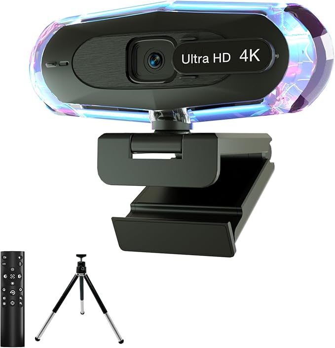 4K Webcam for PC, 4K Webcam with Remote Control and RGB Light, Autofocus Streaming Camera for PC/Mac, Plug and Play Computer Camera for Zoom/Skype/YouTube/Meeting
