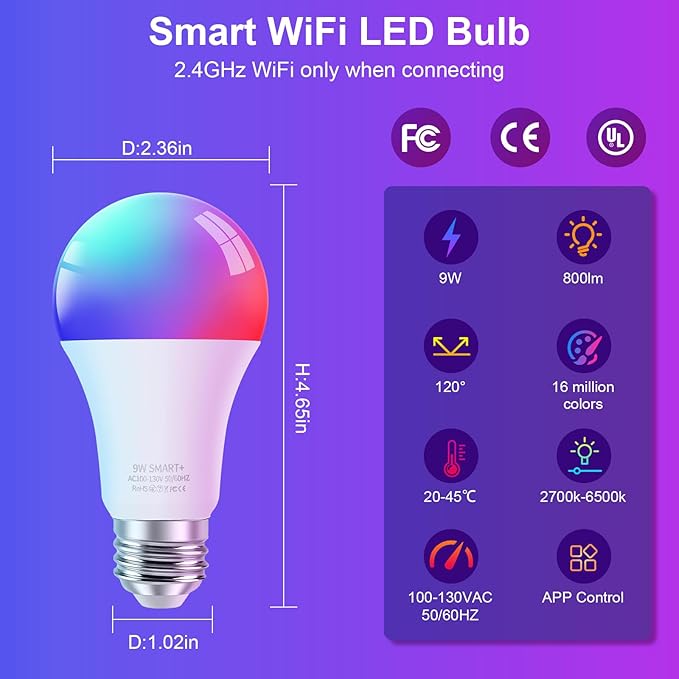 FRIDEKO HOME LED Smart Light Bulbs - Wi-Fi & Bluetooth Light Bulbs, Color Changing Light Bulb Compatible with Alexa and Google Assistant, A19 E26 RGBTW Light Bulb, 800LM (6 Pack)