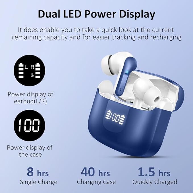 Wireless Earbud Bluetooth 5.4 Headphones, Hi-Fi Stereo Ear Buds with 4 ENC Cancelling Mics, 40H in-Ear Earphones IP7 Waterproof Sports, LED Display, Mini Headset for Laptop Pad TV Phones, Deep Blue