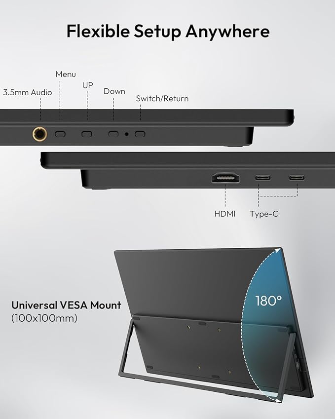 MESWAO 24 Inch Portable Monitor 120Hz FHD IPS Laptop Screen Extender, Large Travel Monitor with NO-Tipping 180° Stand & VESA, HDMI USB-C Second Screen for MacBook PC Home Office Gaming