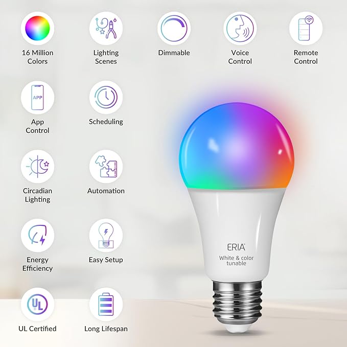 ERIA Colors and White A19 Dimmable CRI 90+ Smart Bulb Works with Hue*, SmartThings, HA, Amazon Echo (4th Gen), Alexa, HA, Google Assistant (2-Pack)