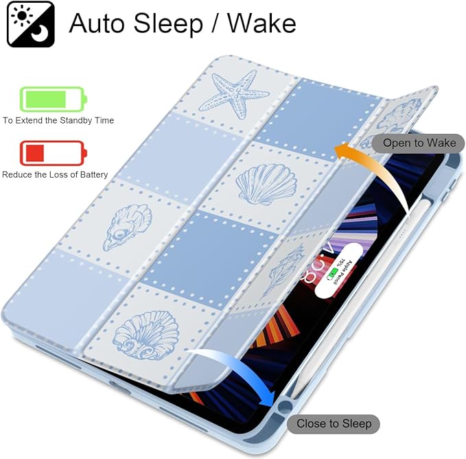 May Chen Case for iPad Pro 11-Inch M5/M4 2025/2024 (6th/5th Generation), [Penceil Holder] Trifold Stand Auto Wake/Sleep Clear TPU Protection Back Cover, Blue Checkered