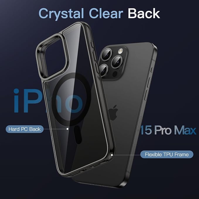 JETech Magnetic Case for iPhone 15 Pro Max 6.7-Inch Compatible with MagSafe Wireless Charging, Shockproof Phone Bumper Cover, Anti-Scratch Clear Back (Black)