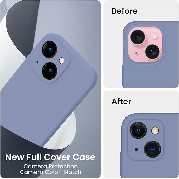 FireNova Designed for iPhone 15 Case, Silicone Upgraded [Camera Protection] Phone Case, Soft Anti-Scratch Microfiber Lining Inside, 6.1 inch, Lavender Gray