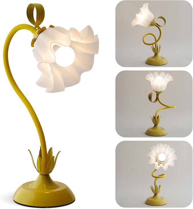 WERFOP Flower Table Lamp, LED Reading Light Vintage Bedside Table Lamp with 3 Color Modes for Nightstand, Kawaii Decoration for Home Bedroom Living Room (Yellow)