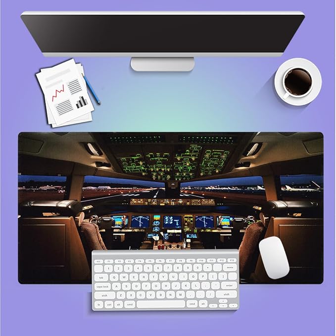 Large Gaming Mouse Pad (31.5" x 15.8") - Airplane Cockpit, Aircraft Flight Deck Design for Boeing 777 Enthusiast XXL Office Accessories, Premium Stitched Anti-Slip Office Desk Mat