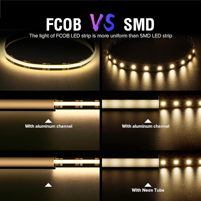 BTF-LIGHTING FCOB CCT COB LED Strip Tunable 2700K-6500K DC12V 16.4FT 640LED/m CRI 90+ Flexible High Density Dimmable LED Light Black PCB for Bedroom Indoor Decor(No Adapter or Controller)