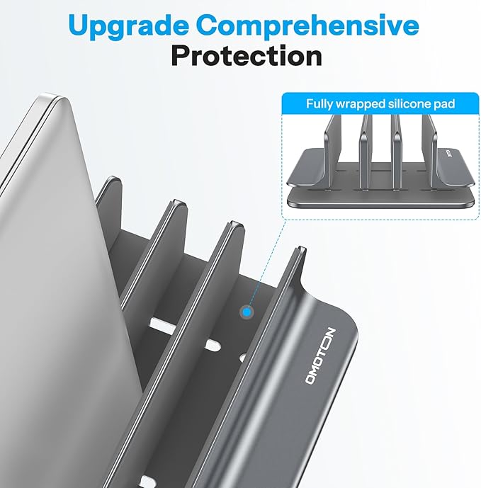 OMOTON Vertical Laptop Stand [Updated 3-Slots Version], Desktop Aluminum Mac Book Stand with Adjustable Dock Size, Fits All Mac Book, Surface, Chrome Book and Gaming Laptops (Up to 17.3 inch), Grey