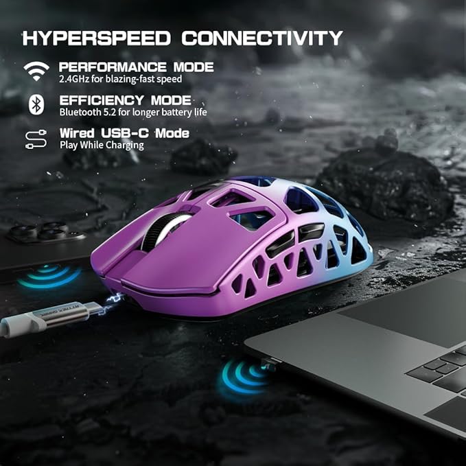FELICON x Attack Shark R3 Magnesium Alloy Wireless Gaming Mouse, 46g Ultra-Lightweight Skeletal Shell, PAW3395 26K DPI, 8K Polling, Tri-Mode 2.4G/BT/Wired, for PC Mac Laptop - Purple
