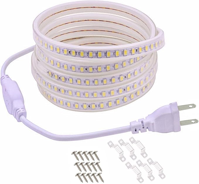 49.2ft Waterproof LED Light Strips AC 110V 120V Outdoor Lights 15m Flexible Cuttable Rope Lights SMD 5730 120LEDs/m 3000K Warm White with US Plug for Bedroom Kitchen Under Cabinet Home