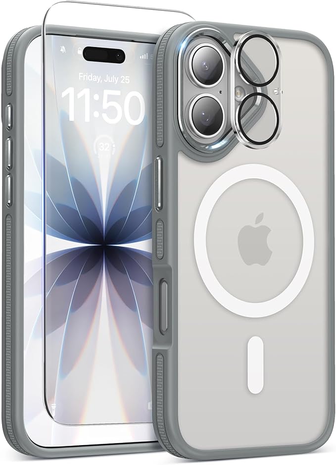 DOMAVER Magnetic 3 in 1 for iPhone 16 Case, [Omni-Directional Protection] with 1x Screen Protector + 1x Camera Cover, [Seamless Work with Magsafe] Protective Silm Case for iPhone 16 Light Gray