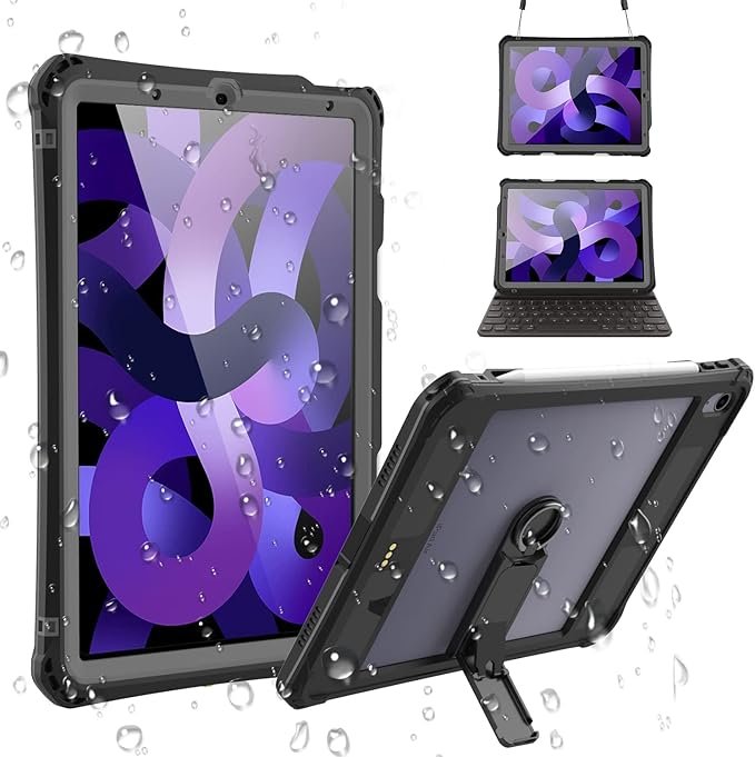 Waterproof Case Compatible with iPad Air 11inch (M2)/5th/4th Gen 10.9inch, Full Body Protective Case with Screen Protector, Pencil Holder, Kickstand, Strap, Shockproof, Dustproof Cover Black