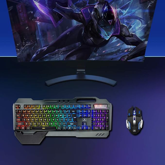 Wireless Gaming Keyboard and Mouse,RGB Backlit Rechargeable Keyboard Mouse with 5000mAh Battery Metal Panel,Removable Hand Rest Mechanical Feel Keyboard and 7 Color Gaming Mute Mouse for PC Gamer