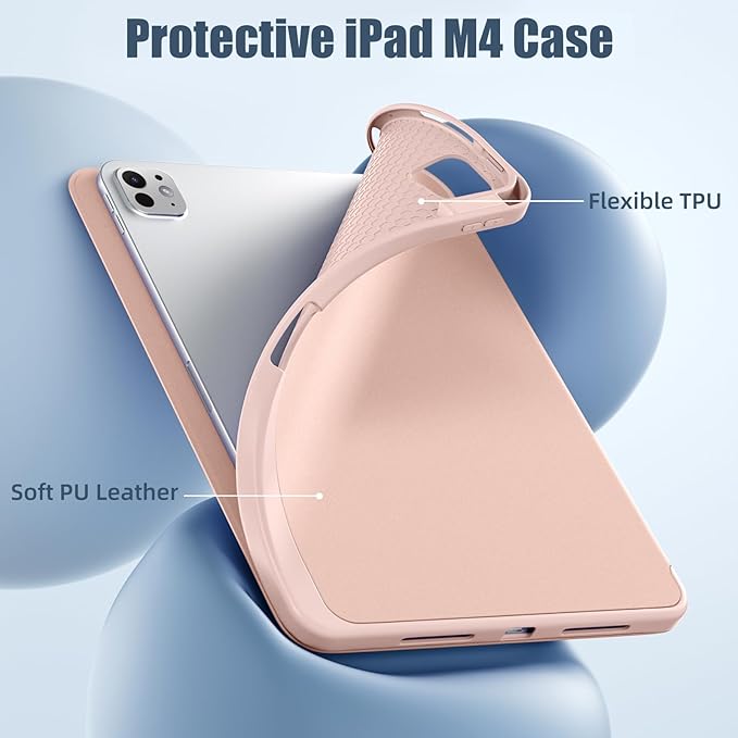 Kidopire New Compatible with iPad Pro 11 Inch Case (M4 2024/M5 2025) with Pencil Holder, Smart Cover with Protective Trifold Stand & Soft TPU Back, Auto Wake/Sleep, Support Pencil Pro, Rose Pink