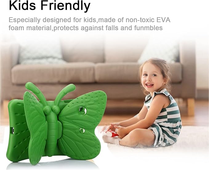 Kids Proof Case for Apple iPad mini 5/4/3/2/1 with Kickstand 3D Cartoon Soft EVA Foam Lightweight Shockproof Cover iPad mini 5th (2019) 4th/3rd/2nd/1st Generation 7.9", Green Butterfly