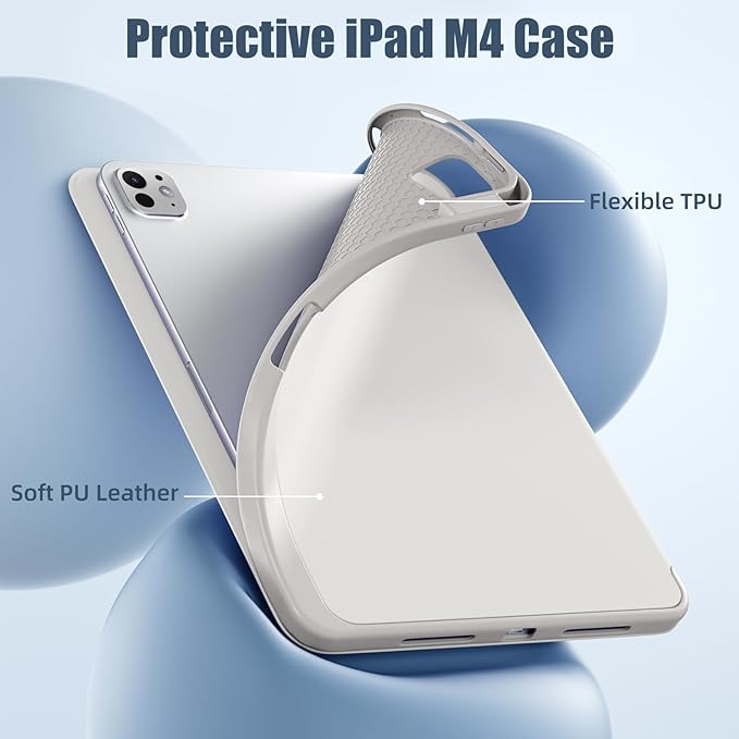 Kidopire New Compatible with iPad Pro 11 Inch Case (M4 2024/M5 2025) with Pencil Holder, Smart Cover with Protective Trifold Stand & Soft TPU Back, Auto Wake/Sleep, Support Pencil Pro, Light Gray