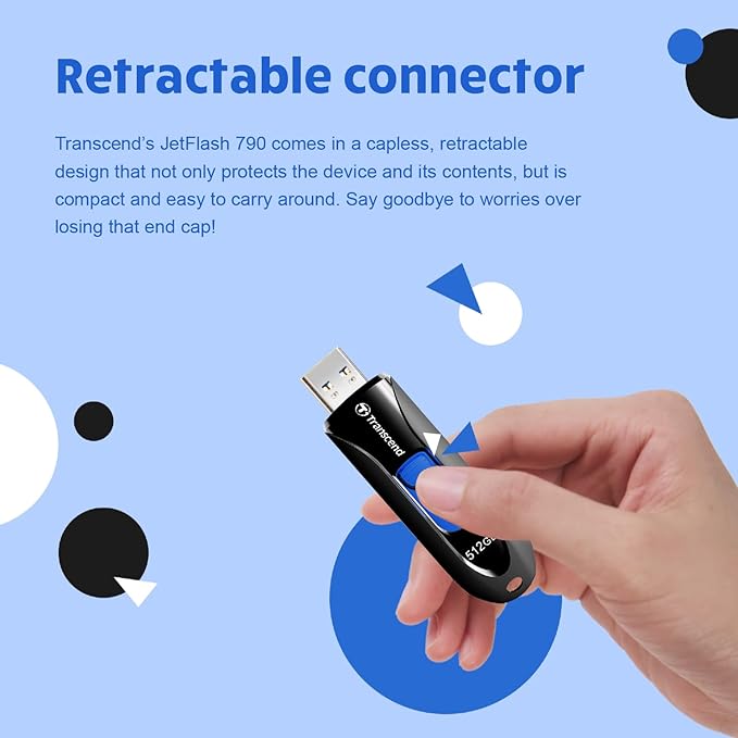 Transcend JF790 128GB USB Flash Drive, for PC/Mac/Laptop/Windows/Computer/ Desktop/TV/Car Audio, USB3.2 Gen1 Memory Stick, Thumb Drives Data Storage w/ Retractable Connector, USB2.0/3.0/3.1 Compatible