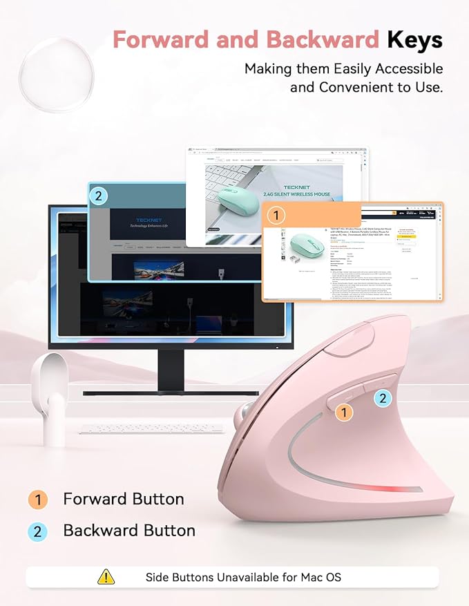 TECKNET 2.4G Ergonomic Mouse Vertical Wireless - 4800 DPI Optical Carpal Tunnel Mice Right Hand, 4800 DPI Adjustable, Quiet Clicks, 6 Buttons for Laptop, Desktop, PC, Computer - Pink