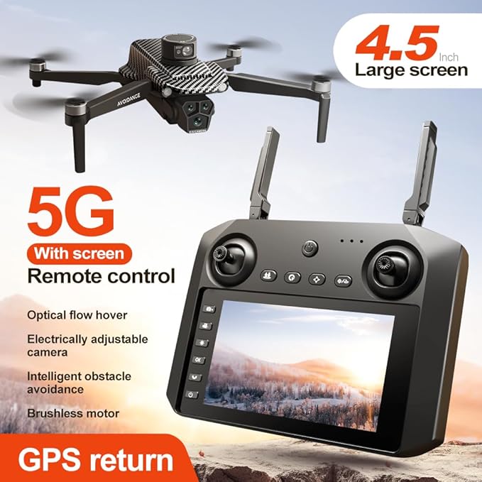 GPS Remote Control Drone, HD Quadcopter with 4K Camera, 7.4V 3000mAh Battery (2 Batteries), 4.5-Inch FPV Screen, 5G Real-Time Transmission, Laser Obstacle Avoidance, Brushless Motor, Optical Flow Positioning, LED Lights, Altitude Hold, Intelligent Hove...