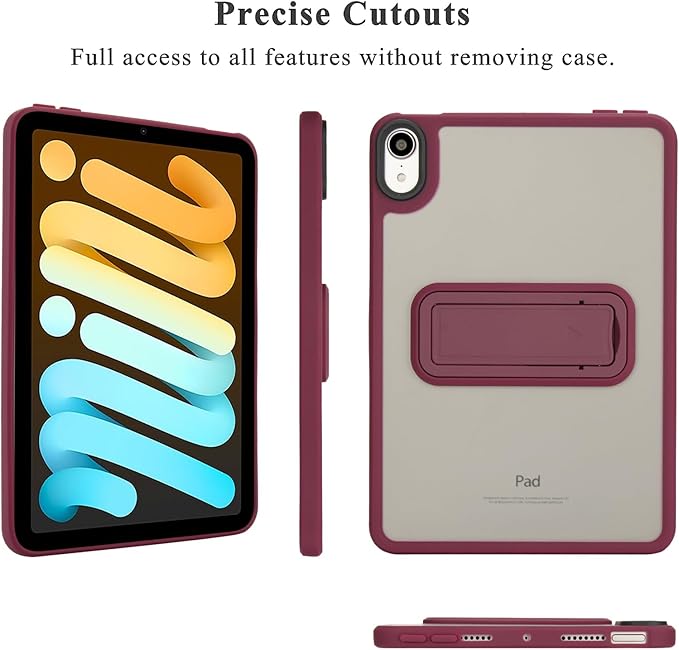 Shockproof Case for iPad mini 7th/6th Generation (2024/2021 8.3-inch), Kickstand Slim Fit Rugged Bumper Lightweight Anti-Scratch Bumper Case Cover for Women Men, WineRed