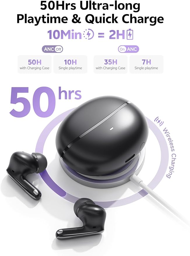 QCY MeloBuds N70 Aadptive Hybrid Active Noise Cancelling Wireless Earbuds, Bluetooth 6.0 with 6 Mics Clear Call, LDAC Hi-Res Audio, 50H Playtime, Wireless Charging, IPX5 Waterproof
