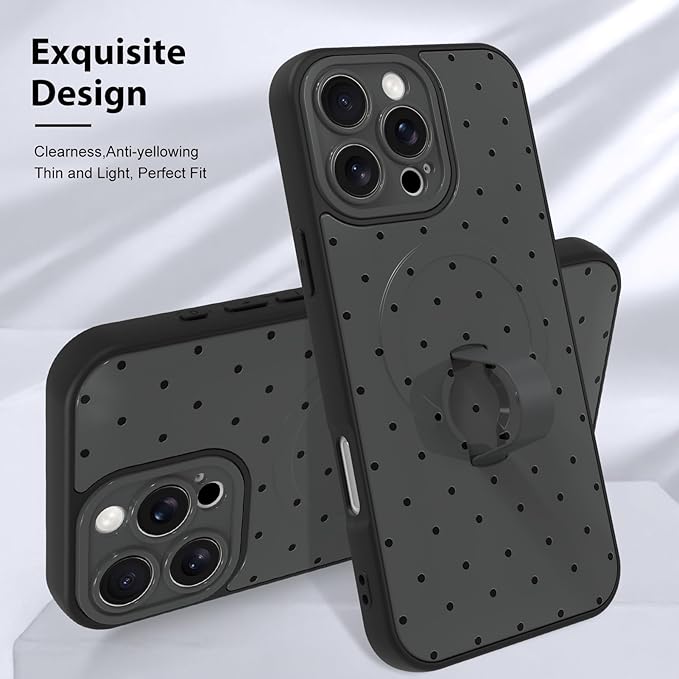KANGHAR Compatible with iPhone 16 Pro Max Case, Support for MagSafe, Silicone Spot Cute Pattern, Wristband Kickstand Camera Protection Shockproof Soft Slim Cover for Girls Women, Black