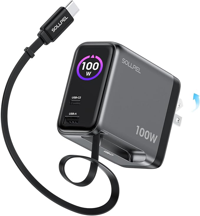 Retractable 100W USB C Charger, 3-Port GaN Fast Phone Charger with Smart Display & Touch Control, Foldable Wall Charger for iPhone 17/16, MacBook Pro/Air, iPad & More (Built-in Cable)