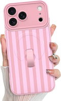 KANGHAR Compatible with iPhone 17 Pro Max Case, Support for MagSafe, Silicone Stripes Cute Pattern, Wristband Kickstand Camera Protection Soft Slim Cover for Girls Women -Pink