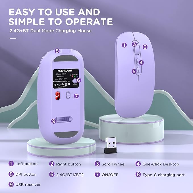 RAPIQUE Bluetooth Wireless Mouse, Rechargeable Multi-Device(Tri-Mode: BT1/BT2+2.4G) Computer Mice with USB Receiver, Slim Silent Mouse for Laptop/MacBook/Chromebook/Surface Pro/iPad Pro(Purple)