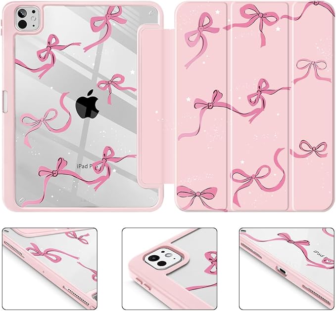 May Chen Case for iPad Pro 11-Inch M5/M4 2025/2024 (6th/5th Generation), Clear Transparent Print Back Shell Slim Stand Shockproof Tablet Cover, Auto Wake/Sleep, Pink Bows